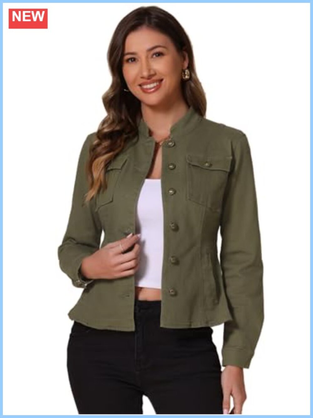 Classic Stand Collar Denim Jacket Long Sleeve Button Front Cotton Blend Casual